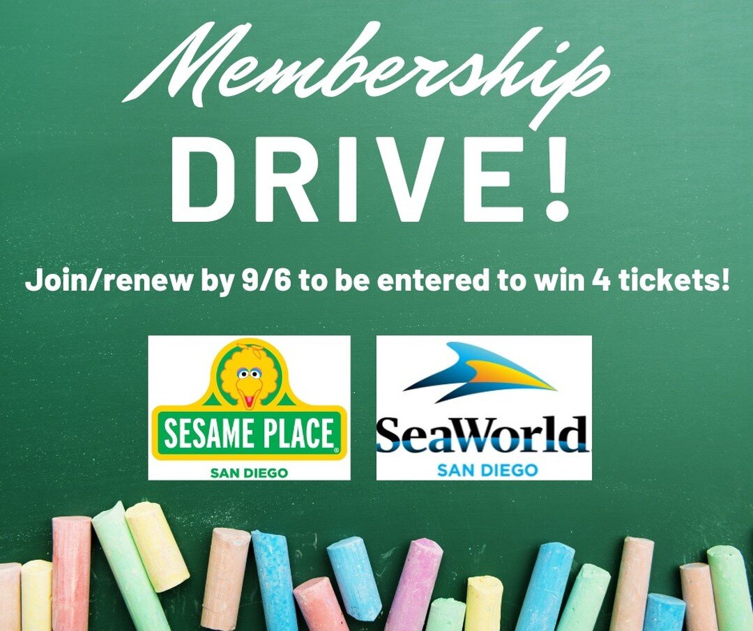 MEMBERSHIP DRIVE: if you join or renew your PTA membership before 9/6, you will be entered to win a family four-pack of tickets to SeaWorld or Sesame Place!🎫🎫 If you have already joined or renewed this school year, don&rsquo;t worry &ndash; you are
