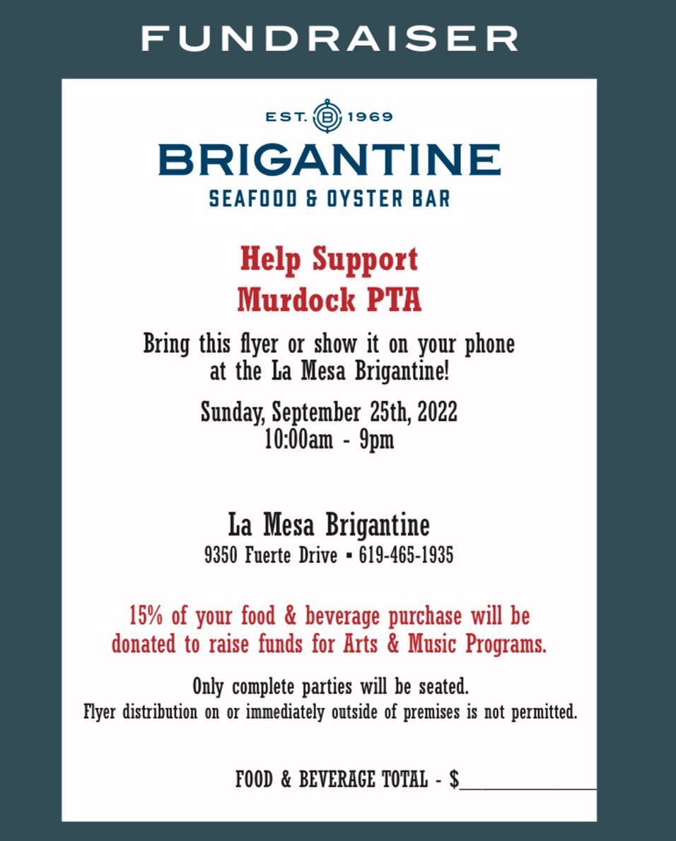 SAVE THE DATE: The @brigantineseafood La Mesa location is donating 15% of dine-in and take-out orders on September 25!🐟 You MUST present this flyer (printed or on your phone) so Murdock receives the donation! 🤝

Make plans for brunch, lunch, Happy 