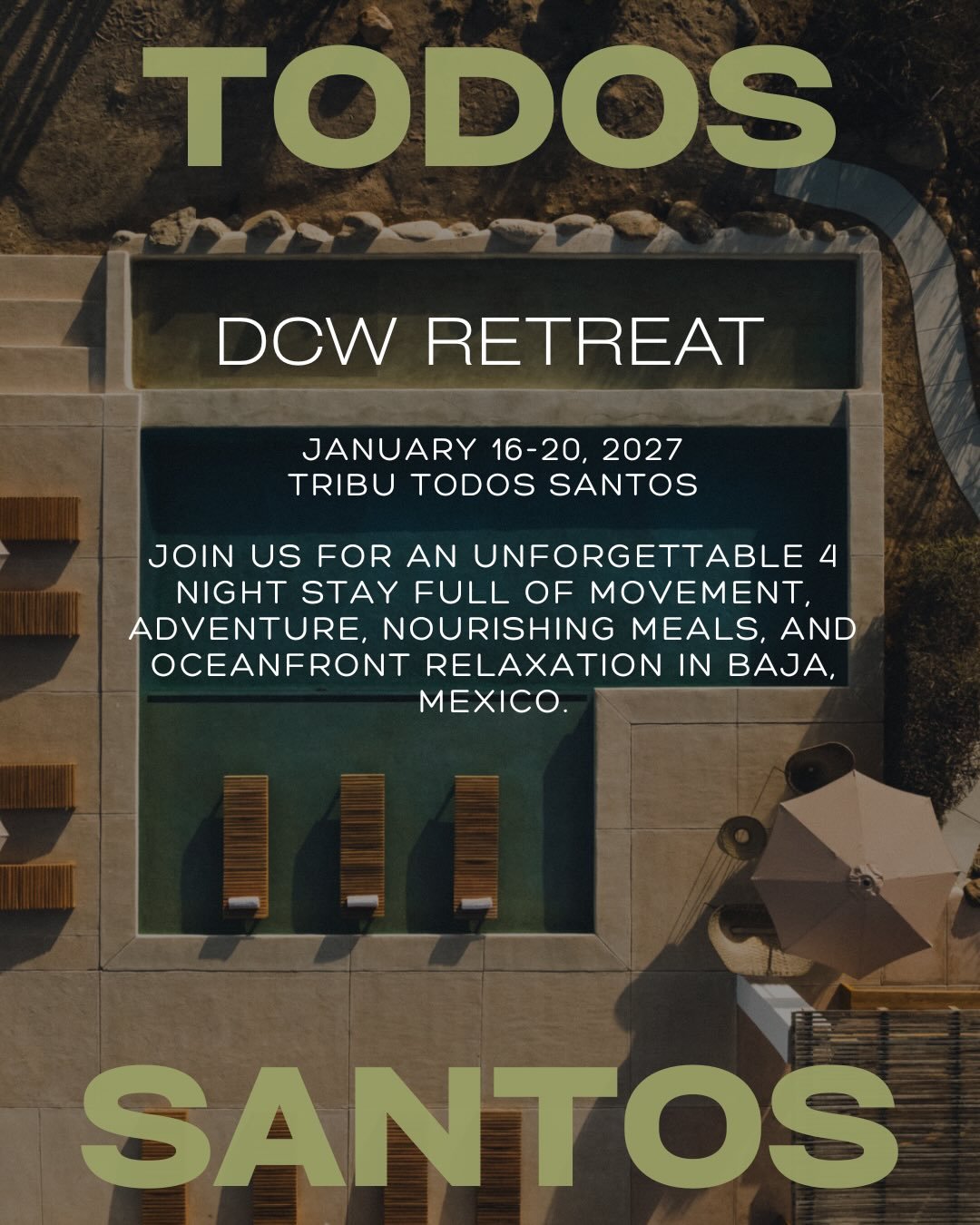Join us for a 4-night oceanfront reset in Todos Santos, Mexico 🌵 ☀️ 

Daily movement, nourishing meals, ocean swims, and relaxation. Booking opens June 8 🫶🏼

EARLY BIRD PRICING PER PERSON
Tipi Double Twin - $2,600 Tipi Single King - $3,100 Oceanvi