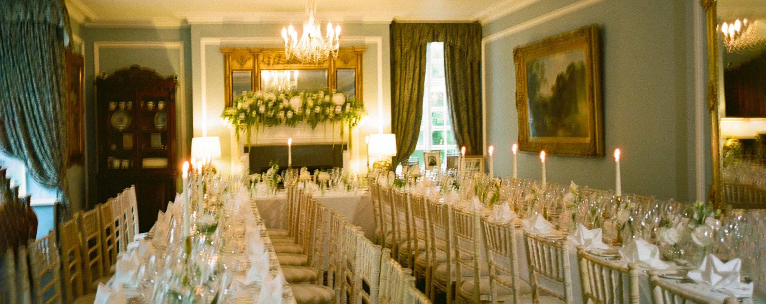 Wedding breakfast florist style set up for Catherine & Chris's black tie wedding at Plas Dinas Country House Wales