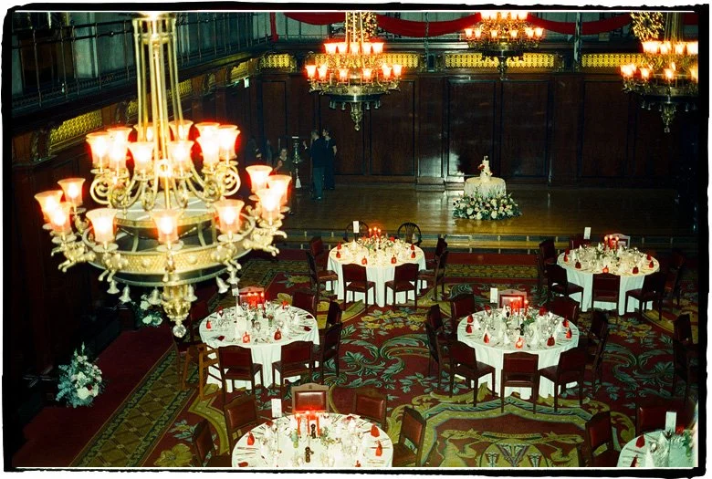 Recetion setup for KaMan & Thoma's wedding at Merchant Taylors Hall London