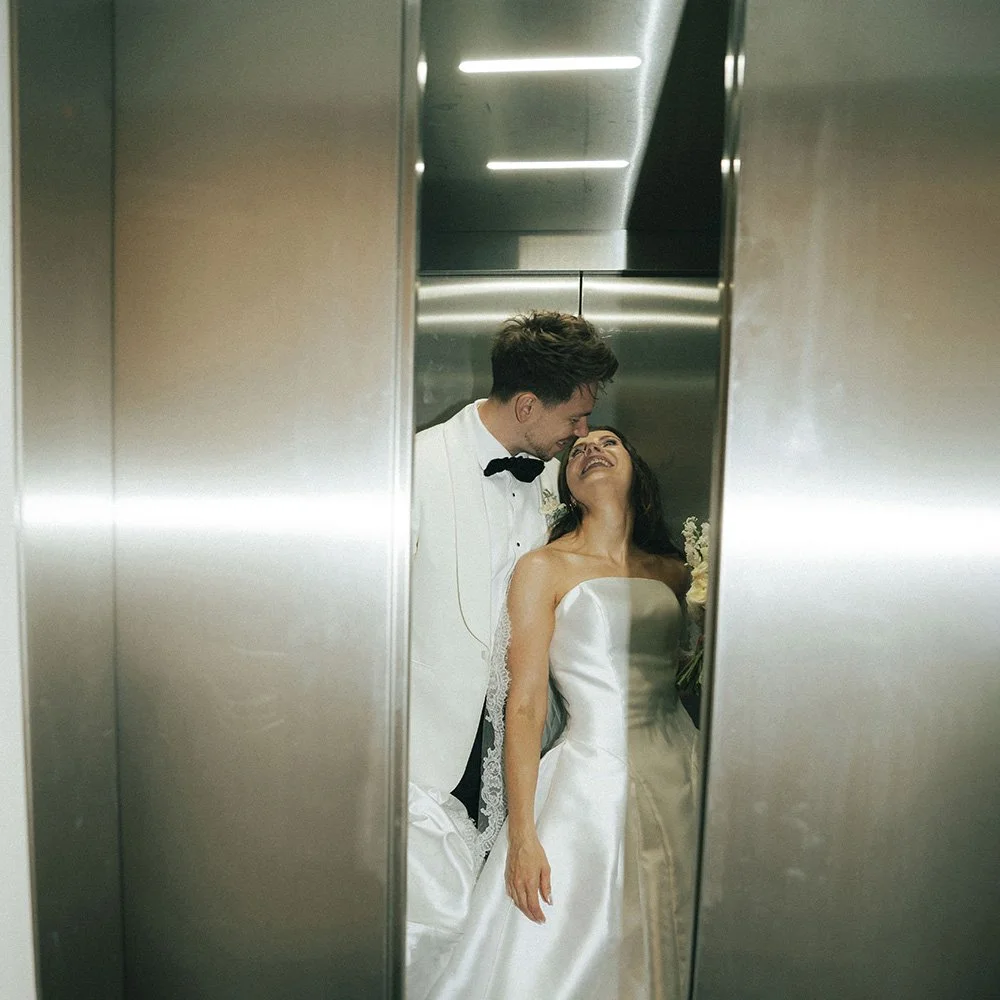 Couple portrait for Hannah & Jake's classic white wedding at Halle St Peter’s, Manchester