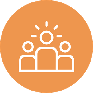 Icon of a leader speaking to an audience with two people listening, enclosed in an orange circle.