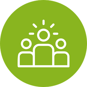 Icon of a leader speaking to an audience with two people listening, enclosed in a green circle.