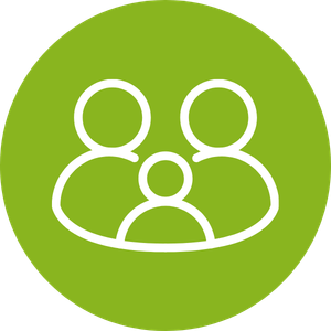 Icon of a family with two adults and a child in the center enclosed in an green circle.