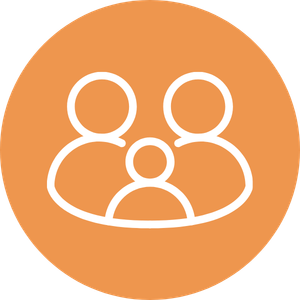 Icon of a family enclosed in an orange circle.