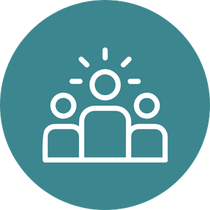 Icon of a leader speaking to an audience with two people listening, enclosed in a blue circle.