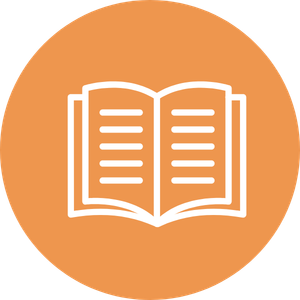 Icon of an open book enclosed in an orange circle.