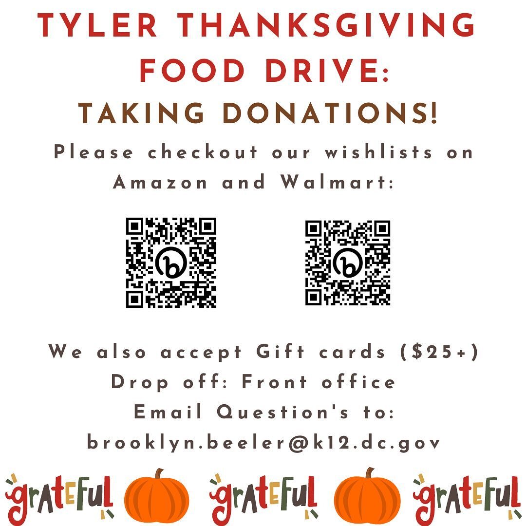 We are taking donations for the Thanksgiving Food Drive! Check out our Amazon &amp; Walmart wishlists, or donate via gift cards. Please contact Ms. Beeler, school counselor, with any questions! 🍁