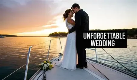 A bride and groom standing on a boat at sunset, embracing, with text reading 'Unforgettable Wedding'.