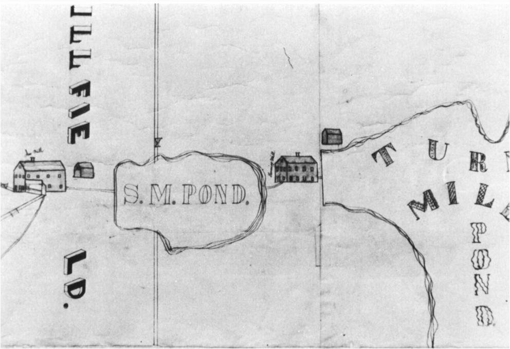 Early map showing Turning Mill Pond, dam, and mill (to right of S.M. Pond)