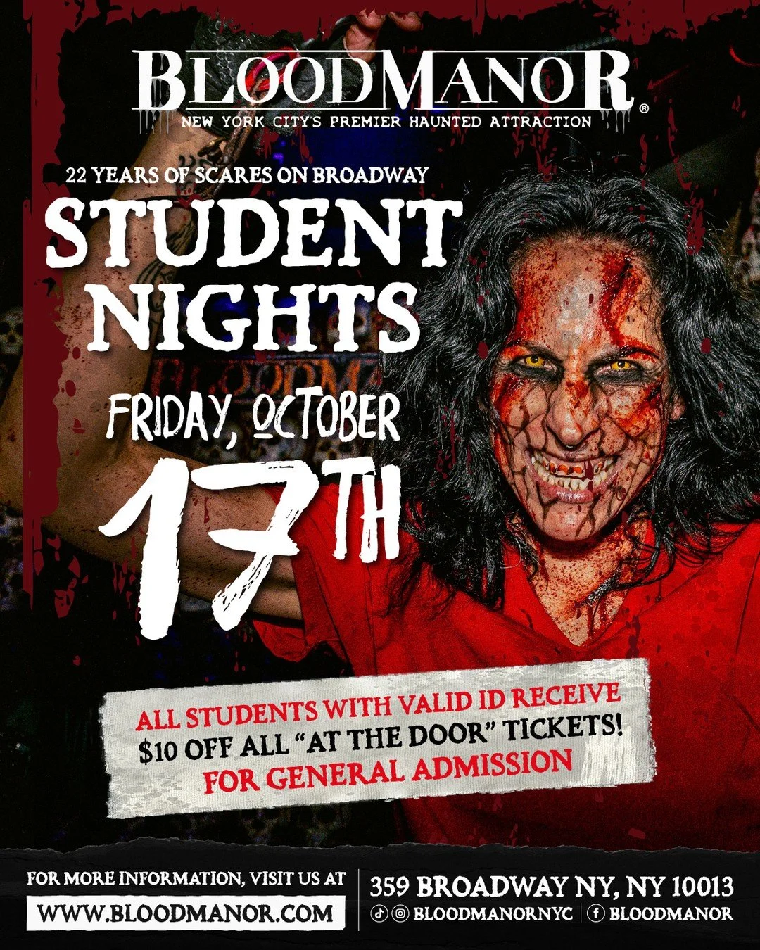 STUDENT NIGHTS return this weekend&mdash;Friday &amp; Sunday!💀
Show your valid student ID and get $10 OFF all at-the-door tickets. 
The manor is waiting&hellip; don&rsquo;t be late! 🩸