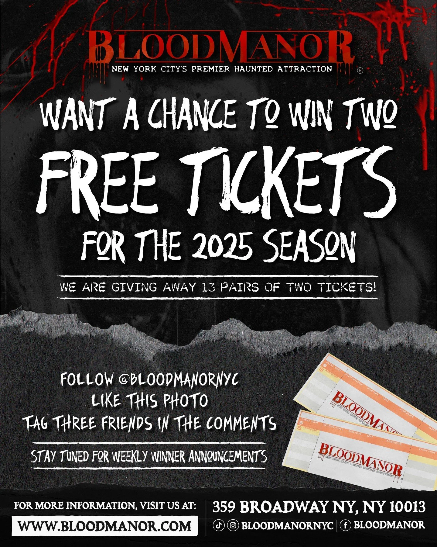 Just in time for Halloween weekend&hellip; 🎃 Enter our giveaway this week for a chance to win 2 free tickets to Blood Manor!

How to enter your nightmare:
1️⃣ Follow this page
2️⃣ Like this post
3️⃣ Tag 3 friends 

Winners chosen soon. The clock is 