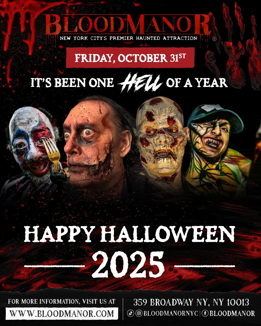 Happy Halloween from New York City's premier haunted attraction &mdash; Blood Manor. 🕷️ 
Open ALL weekend &mdash; enter if you dare.🩸