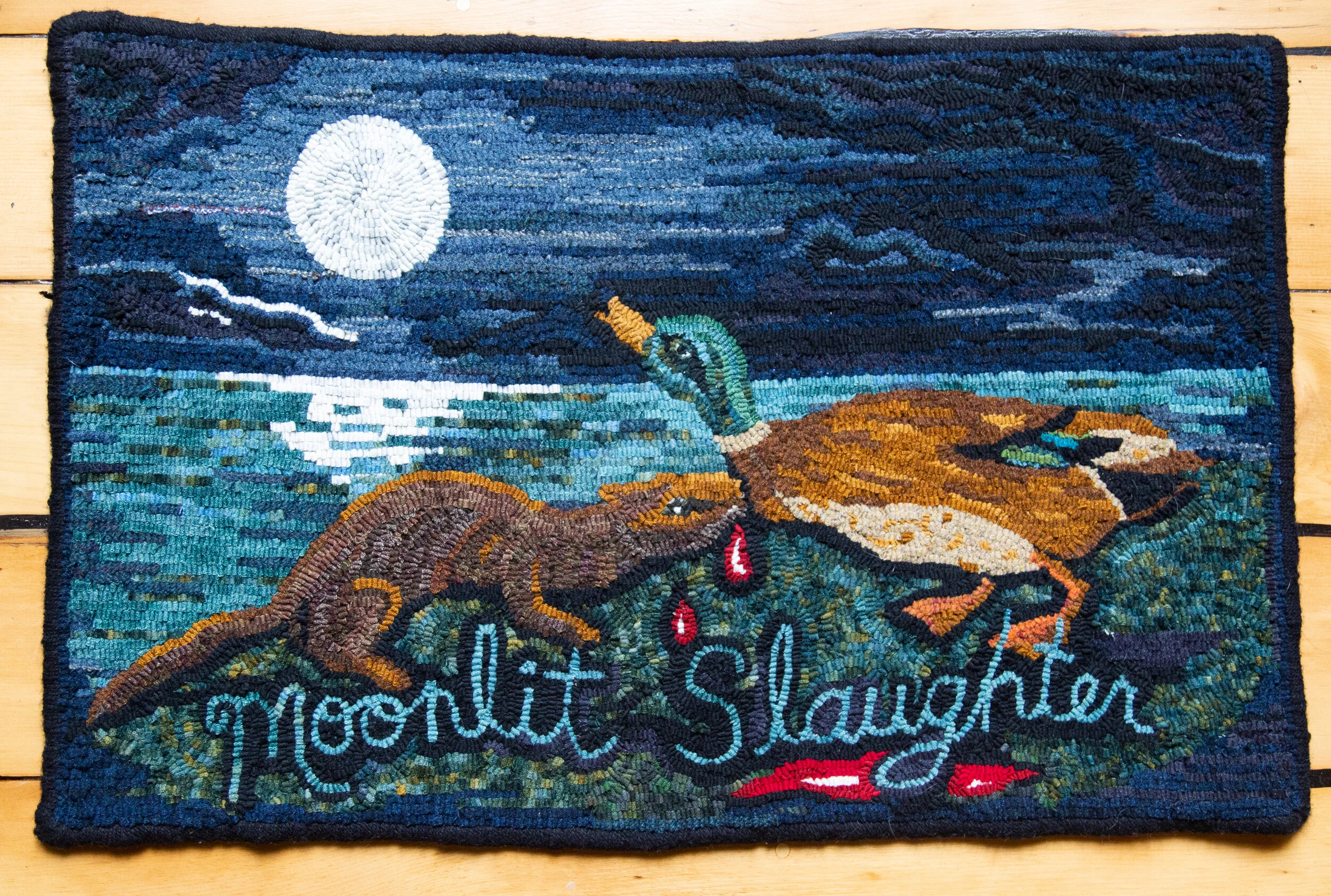 Moonlit Slaughter 2020, 21 X 32 IN, hand hooked wool on linen
