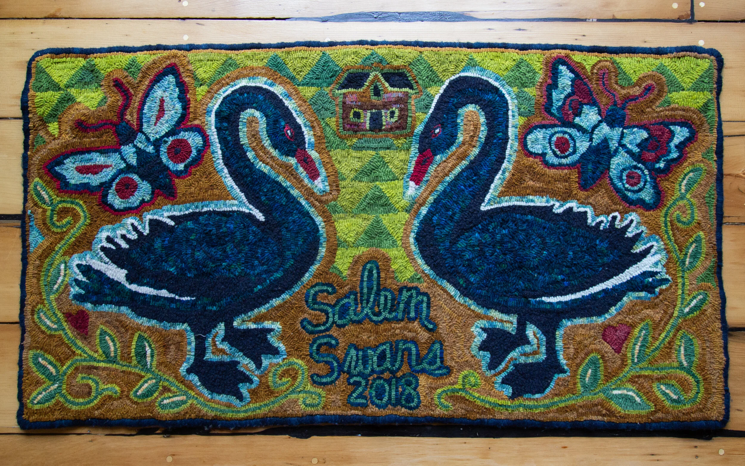 Living on Salem Pond, 2018, hand hooked wool on linen