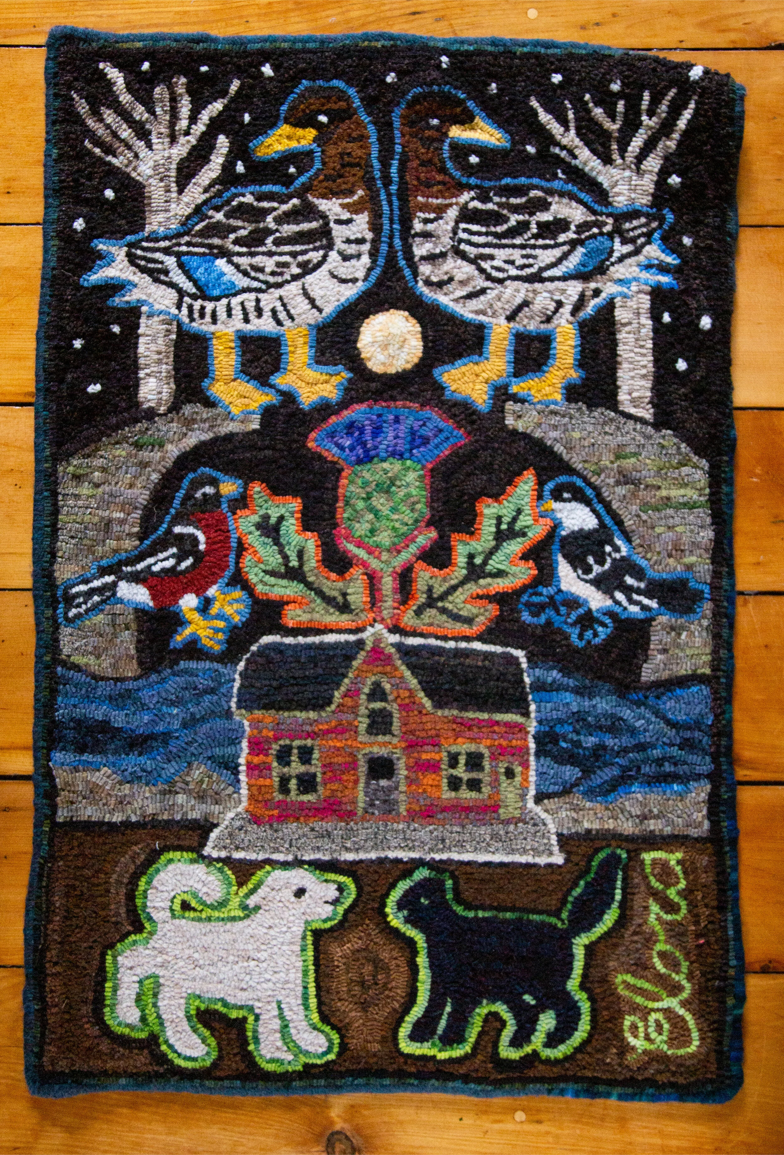 Blue &amp; Bell,  2017, 3 x 2 FT hand hooked wool on linen