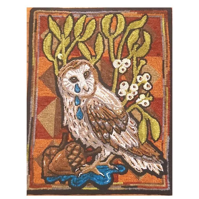 Barn Owl, Mistletoe &amp; Acorn, 2020, 22 x 29 IN, hand hooked wool on linenPart of the Forgotten Language of Nature pattern series is in response to The Lost Words, an illustrated book of nature words that have fallen out of common usage among today's children. Words, now, so rarely used that they cease to exist as entries in the Oxford Junior Dictionary. Each of my patterns is a celebration and lamentation of these lost words; bluebells, barn owls, acorns, hares and more combined with darker images of bloodshed and tears as a comment on the beauty and tragic loss of the connection between childhood and the natural world.