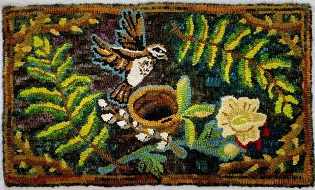 Wren, Fern, Buttercup &amp; Bramble, 2021, 15 X 25 IN, hand hooked wool on linenPart of The Forgotten Language of Nature pattern series is in response to The Lost Words, an illustrated book of nature words that have fallen out of common usage among today's children. Words, now, so rarely used that they cease too exist as entries in the Oxford Junior Dictionary. Each of my patterns is a celebration and lamentation of these lost words; bluebells, barn owls, acorns, hares and more combined with darker images of bloodshed and tears as a comment on the beauty and tragic loss of the connection between childhood and the natural world.