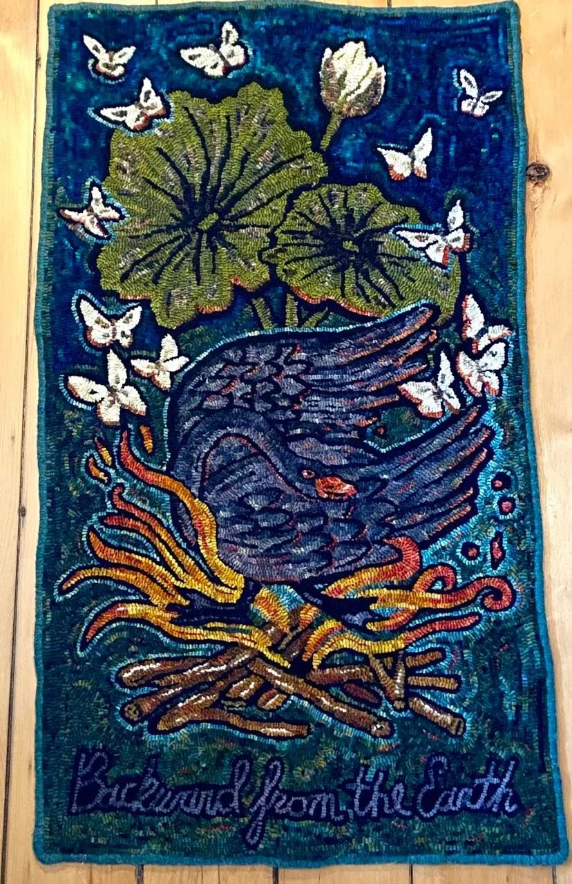 “Backward from the Earth” (2022) Wool on Linen Substrate 25.5 x 44  A night around the fire with Mercury in retrograde, the cabbage white moths and black swan drawn out of the darkness toward the flame in a flutter of wings and a tempest of energy. F