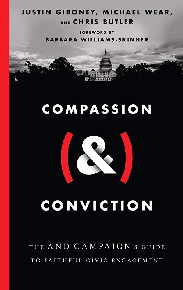 Book cover titled 'Compassion & Conviction' with a black and white photo of the U.S. Capitol building and a subtitle 'The Campaign's Guide to Faithful Civic Engagement'.