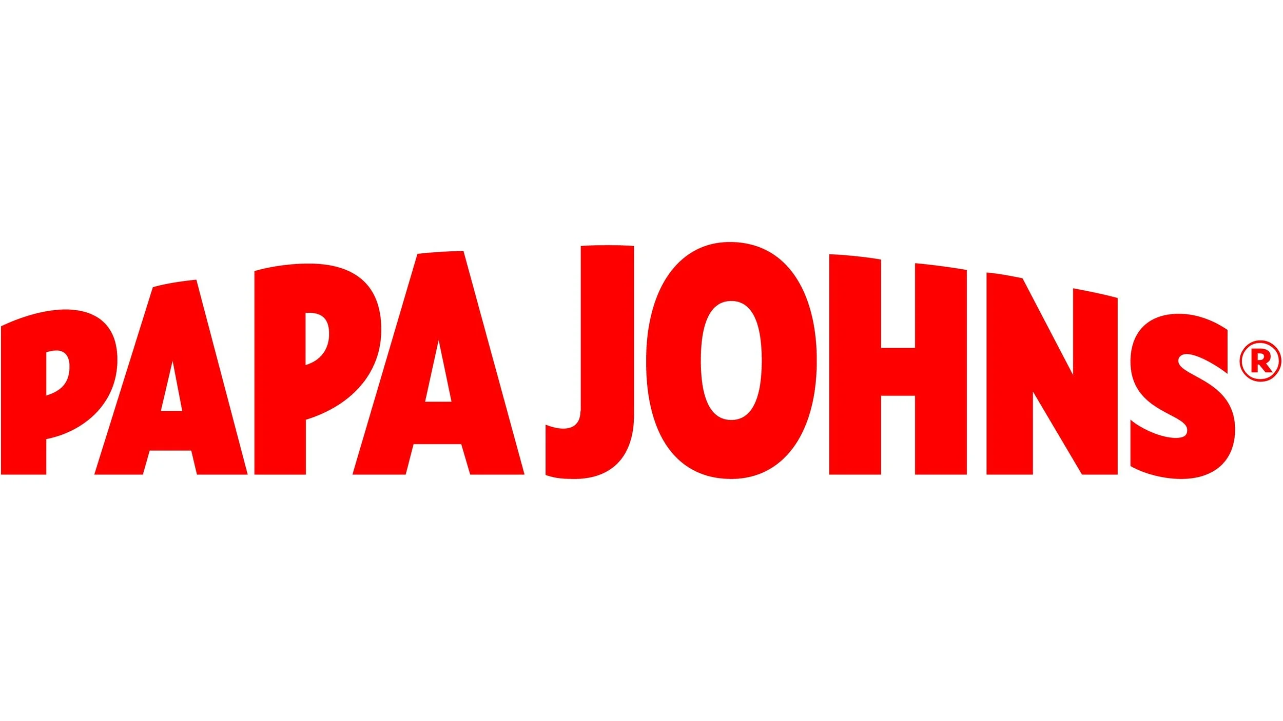 Logo for Papa John's with red capital letters spelling 'PAPA JOHNS' on a white background.