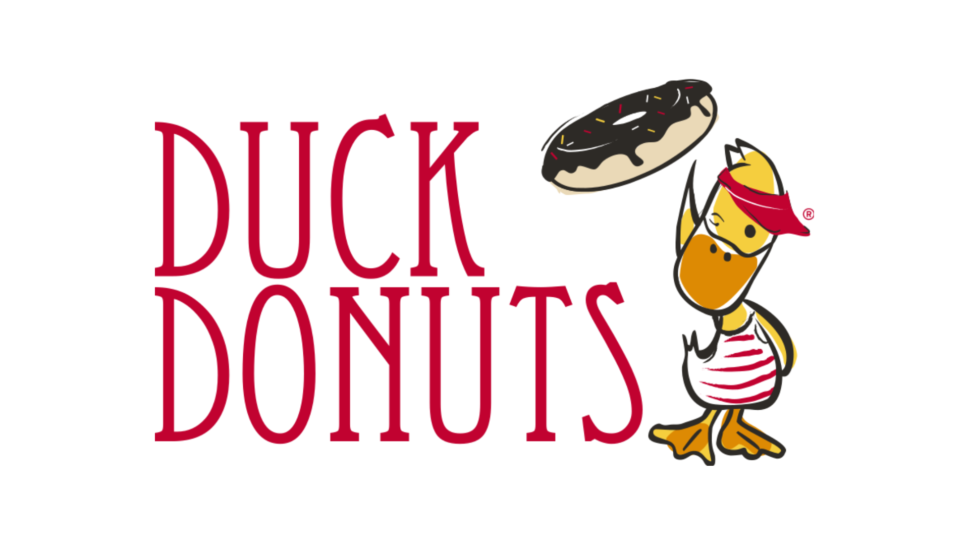 Duck Donuts logo featuring a cartoon duck with a red bandana, a striped apron, and a doughnut with chocolate glaze and sprinkles.
