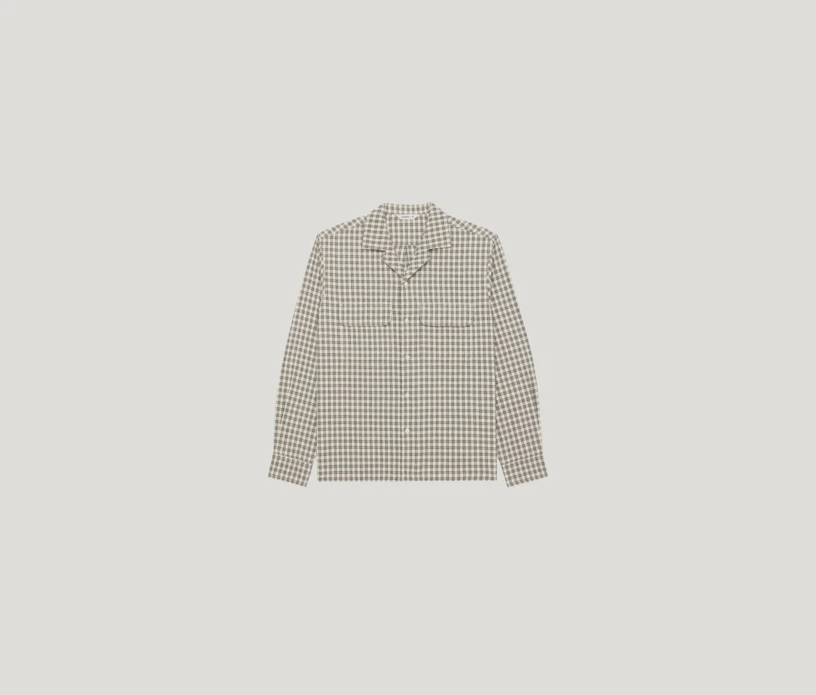Open Collar Shirt Ecru Micro Plaid