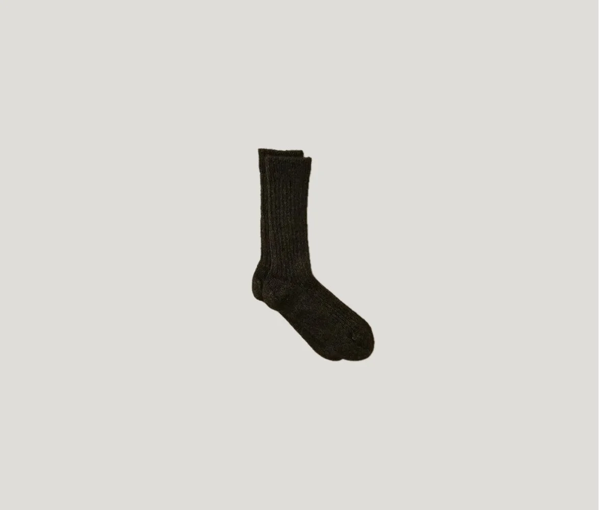 Alpaca Linen Ribbed Socks in Dark Green/Black
