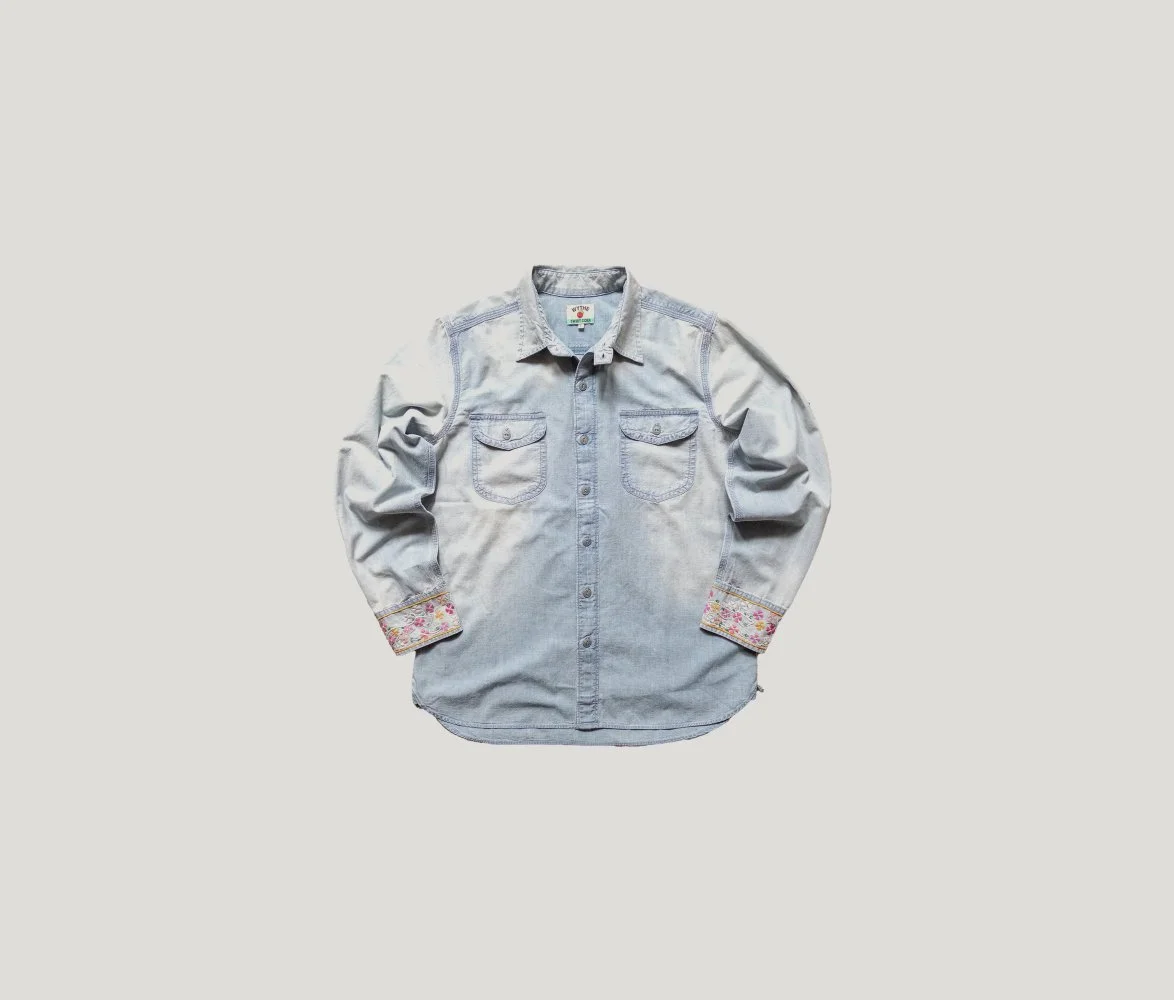 Embroidered Chambray Workshirt in Washed Faded Indigo