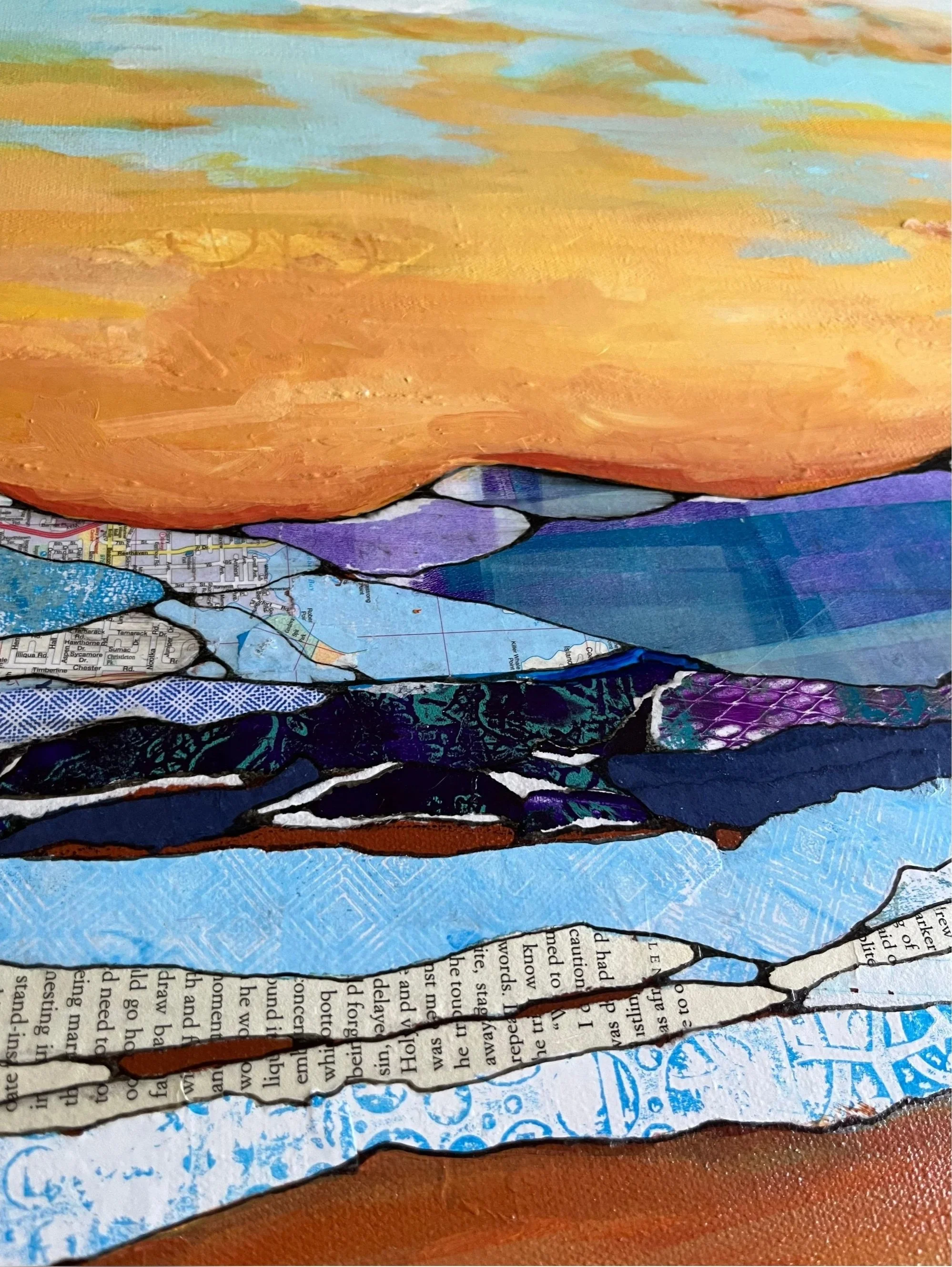 Layered collage landscape by Silvina Lanusse, combining torn paper, vintage letters, sheet music, and old maps into an emotional abstract artwork.