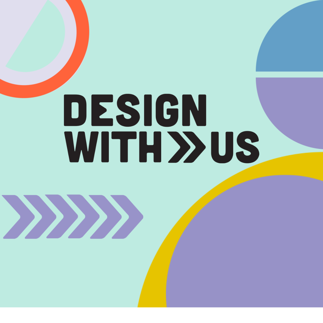 A light blue background with a black Design With Us logo. There are blue, purple and yellow circles scattered in the corners. There is also a string of purple angled brackets pointing to the right toward some circles.