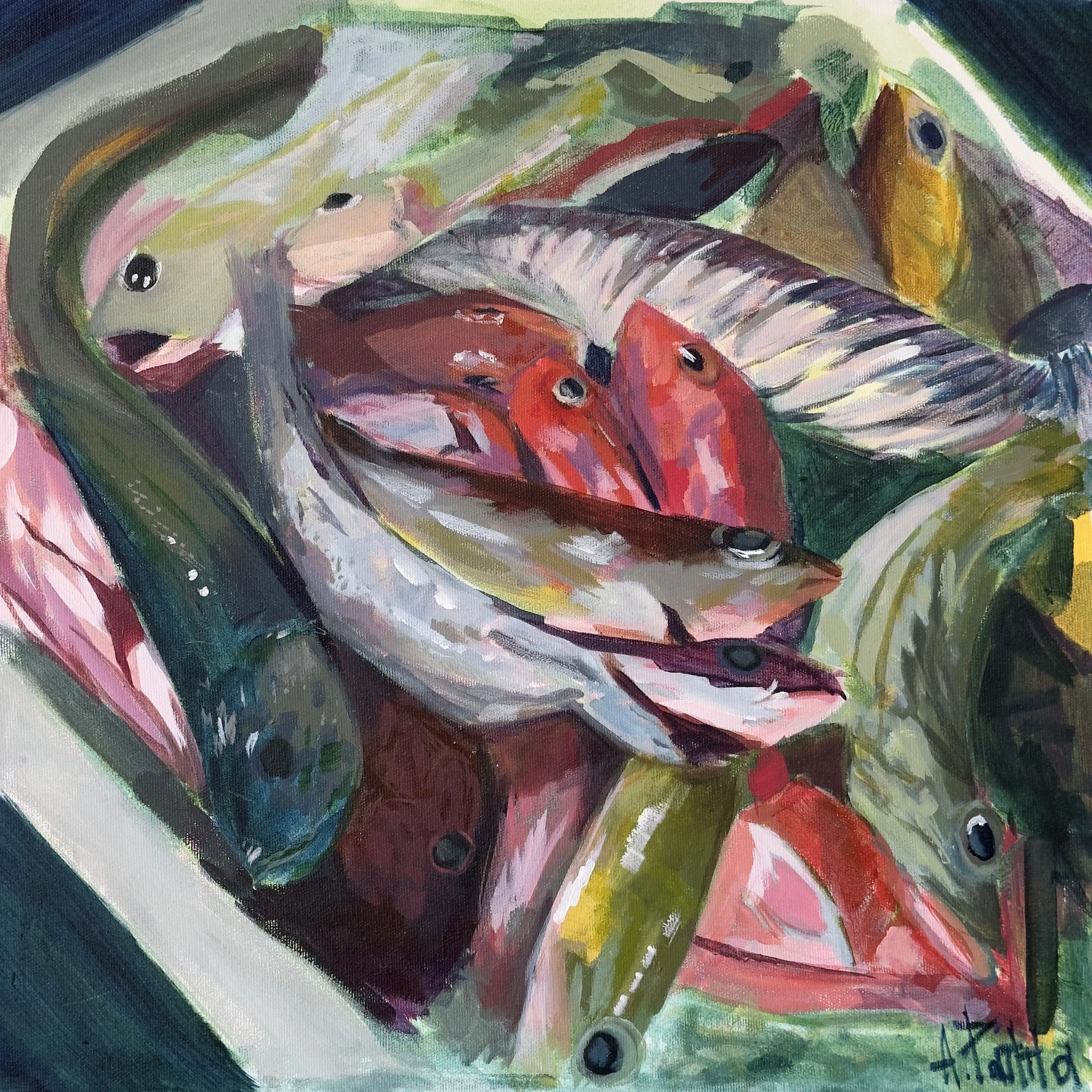 Καφάσι με Ψάρια / Fish in Box 
50x50 cm 
Acrylics on Canvas 
2025 
Available 