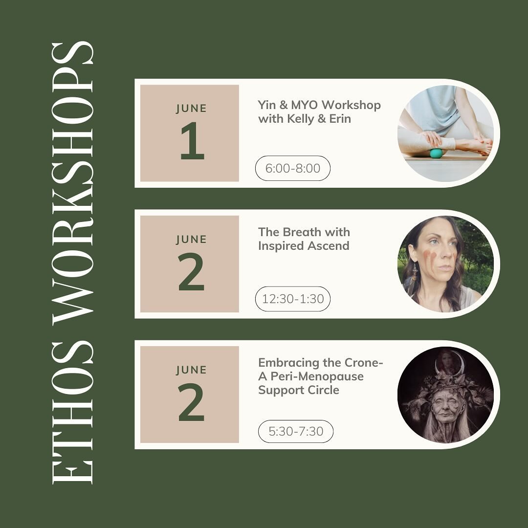Lots of new and exciting things coming up at Ethos. 

Yin + MYO &mdash;
Slow down and tune in, melting away tension and bringing balance to your body and mind. This 2-hour workshop with Erin Levi and Kelly Zeid will blend yin yoga poses and (self) my