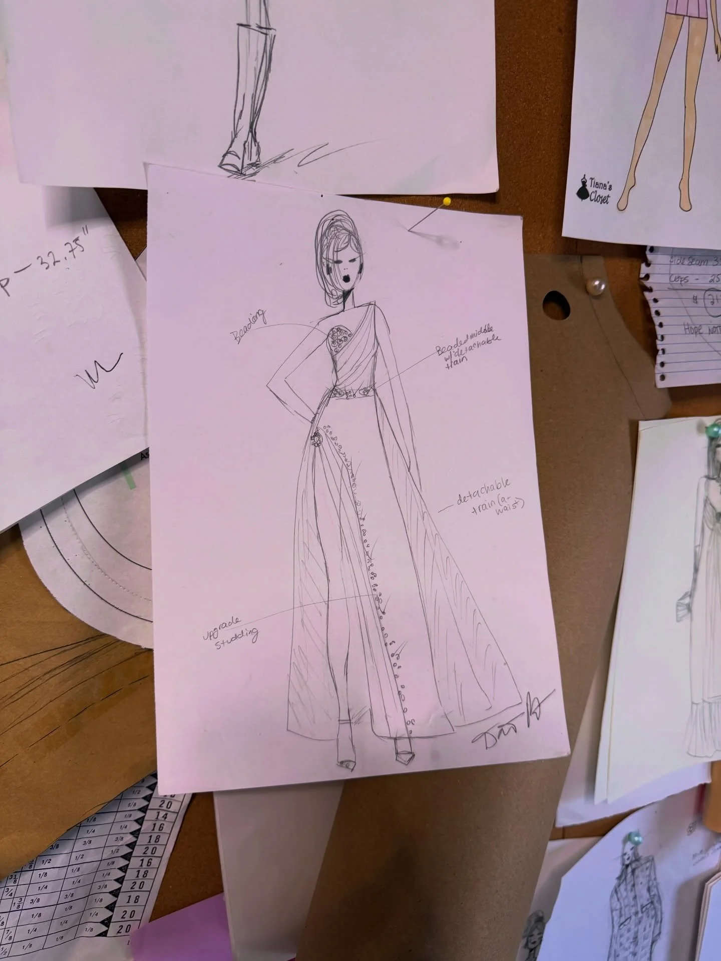 My wall of sketches I&rsquo;m slowly chipping away at. This week I have the pleasure of bringing this beautiful periwinkle dress 👗 to life for an oh-so-special girl!! I can&rsquo;t wait to share the big reveal soon!! #swimwithpoppies #bespoketailori