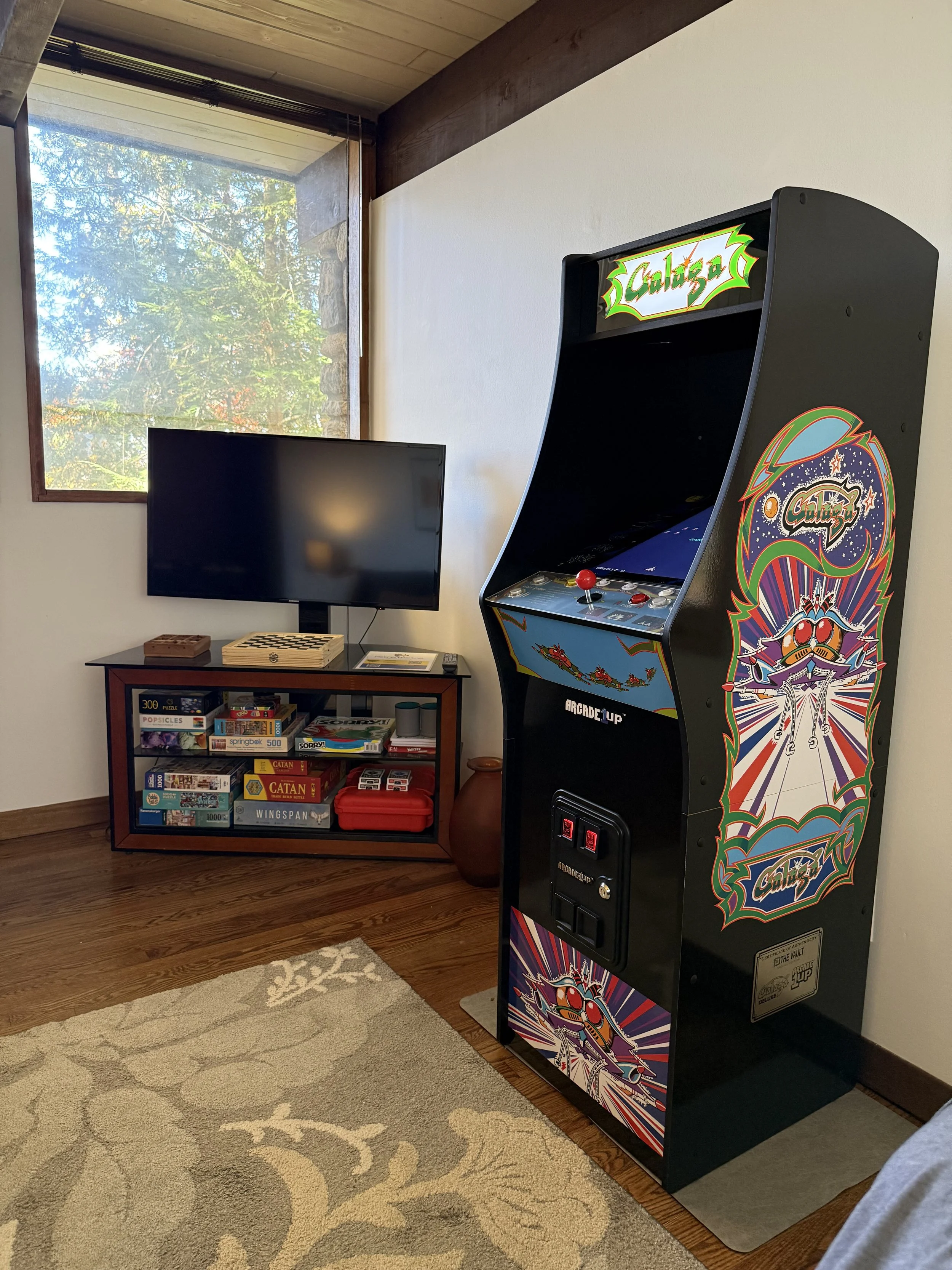 Arcade gaming area with television and board games