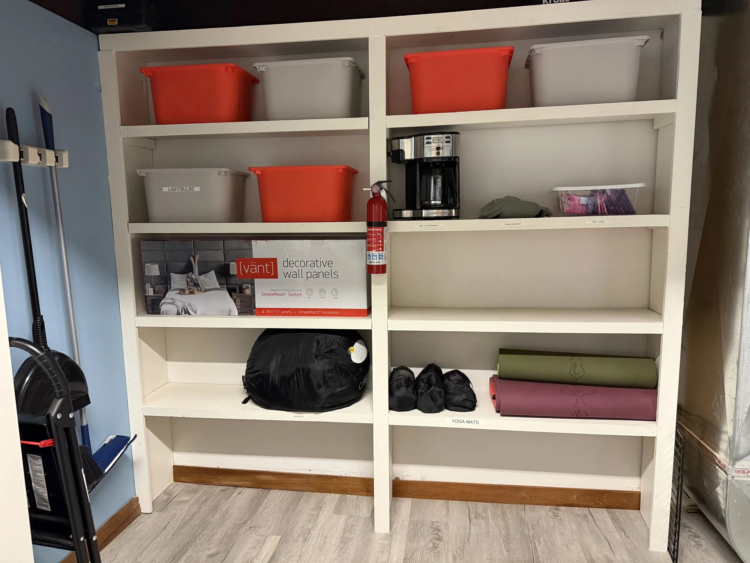 Supplies, extra coffee maker, IYKYK box, sleeping bag, and more