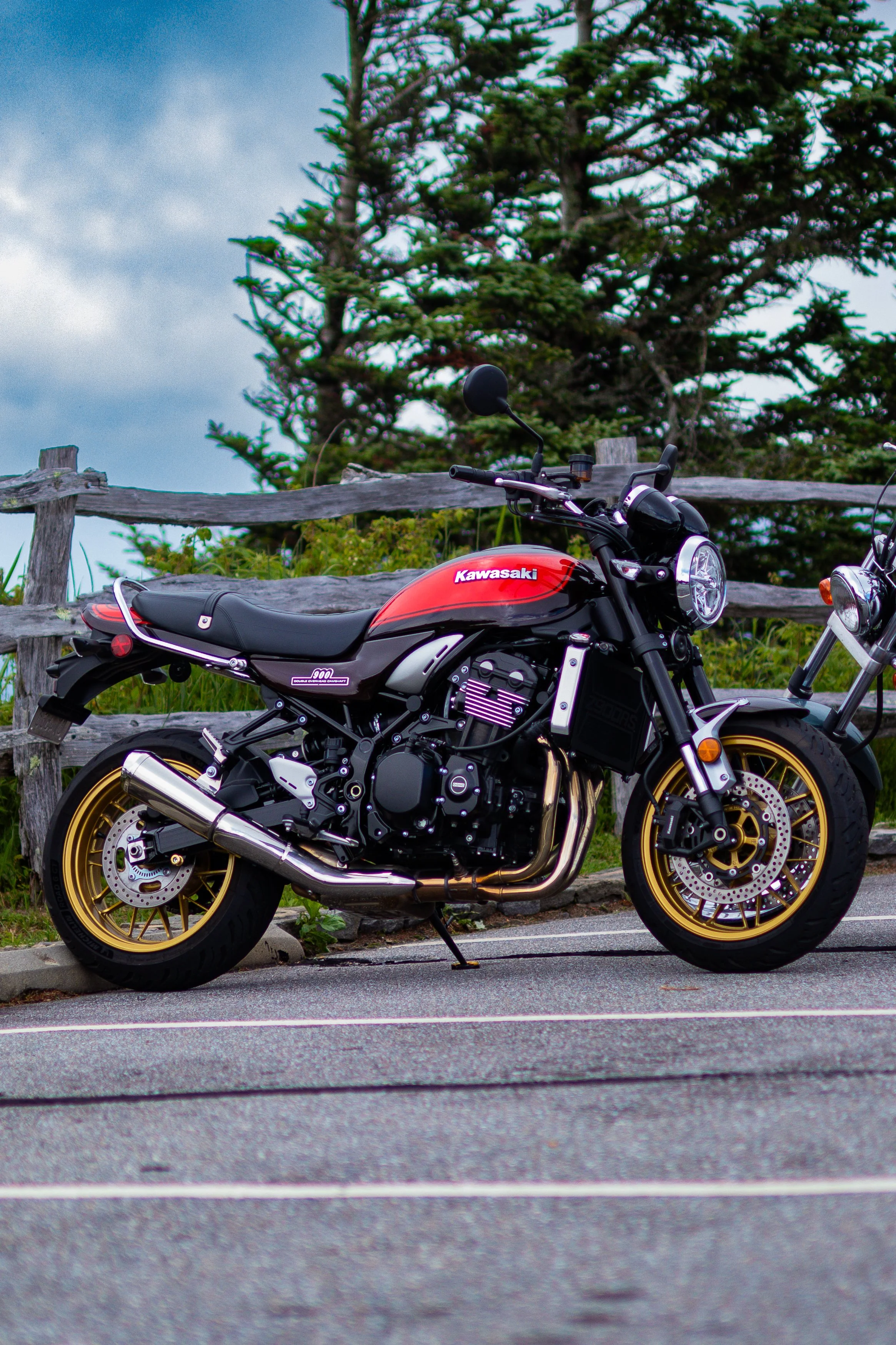 A Kawasaki motorcycle with red and black paint job parked on a sidewalk in a residential area during autumn.