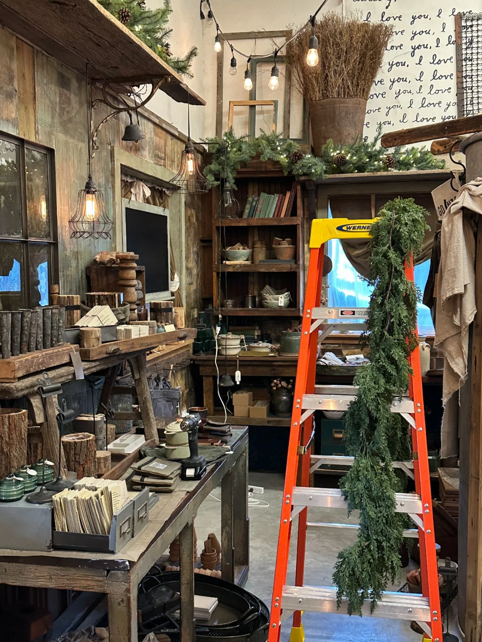 The orange ladder and electric screwdriver have been hard at work for the past 2 weeks, as the first layer of holiday whimsey gets draped around the studio/shop. We&rsquo;re open every weekend until Christmas this year and we&rsquo;ll be adding more 