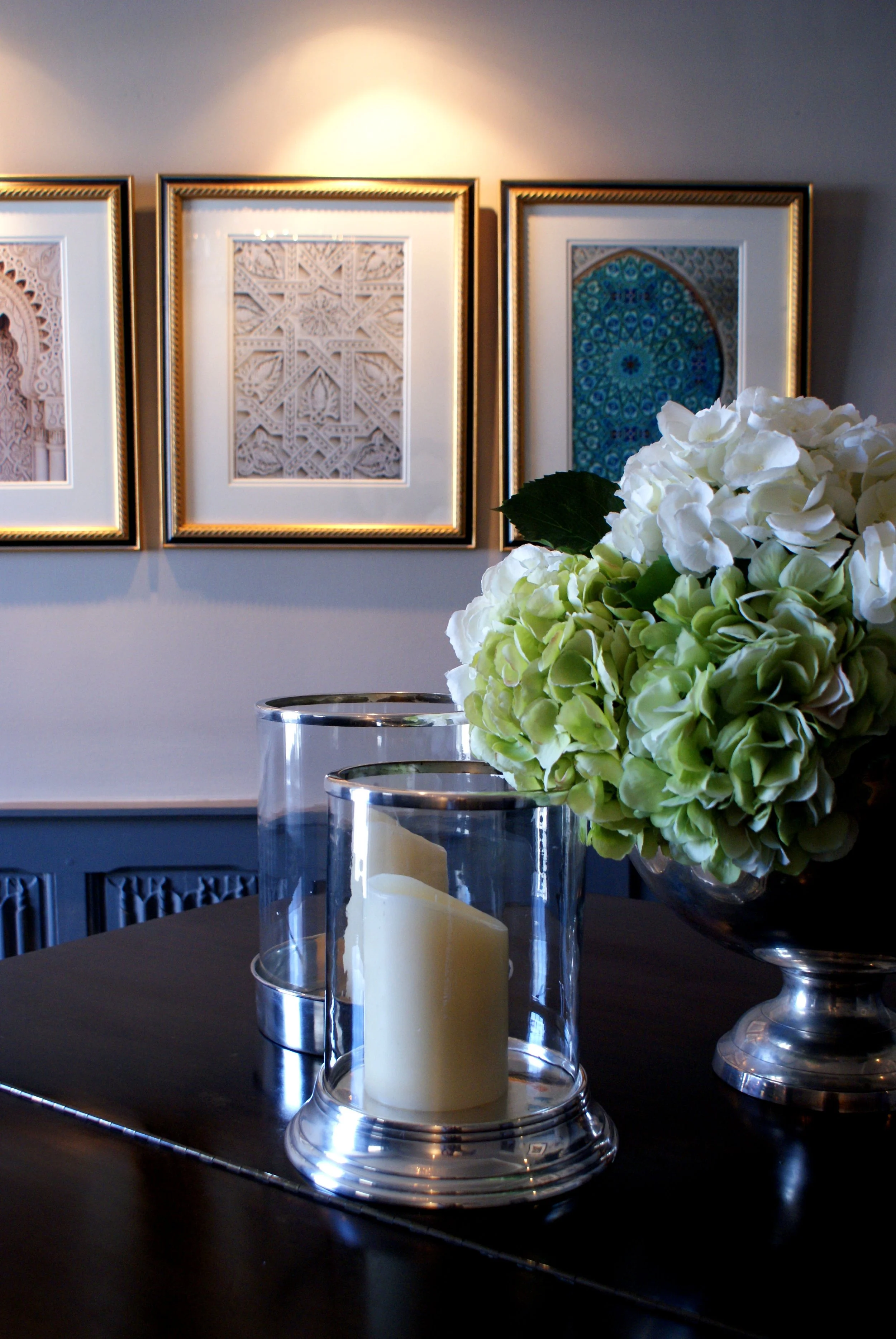  Music Room - gilt framed triptych of Arabic arch photographs sits above the painted Georgian wall panelling. 