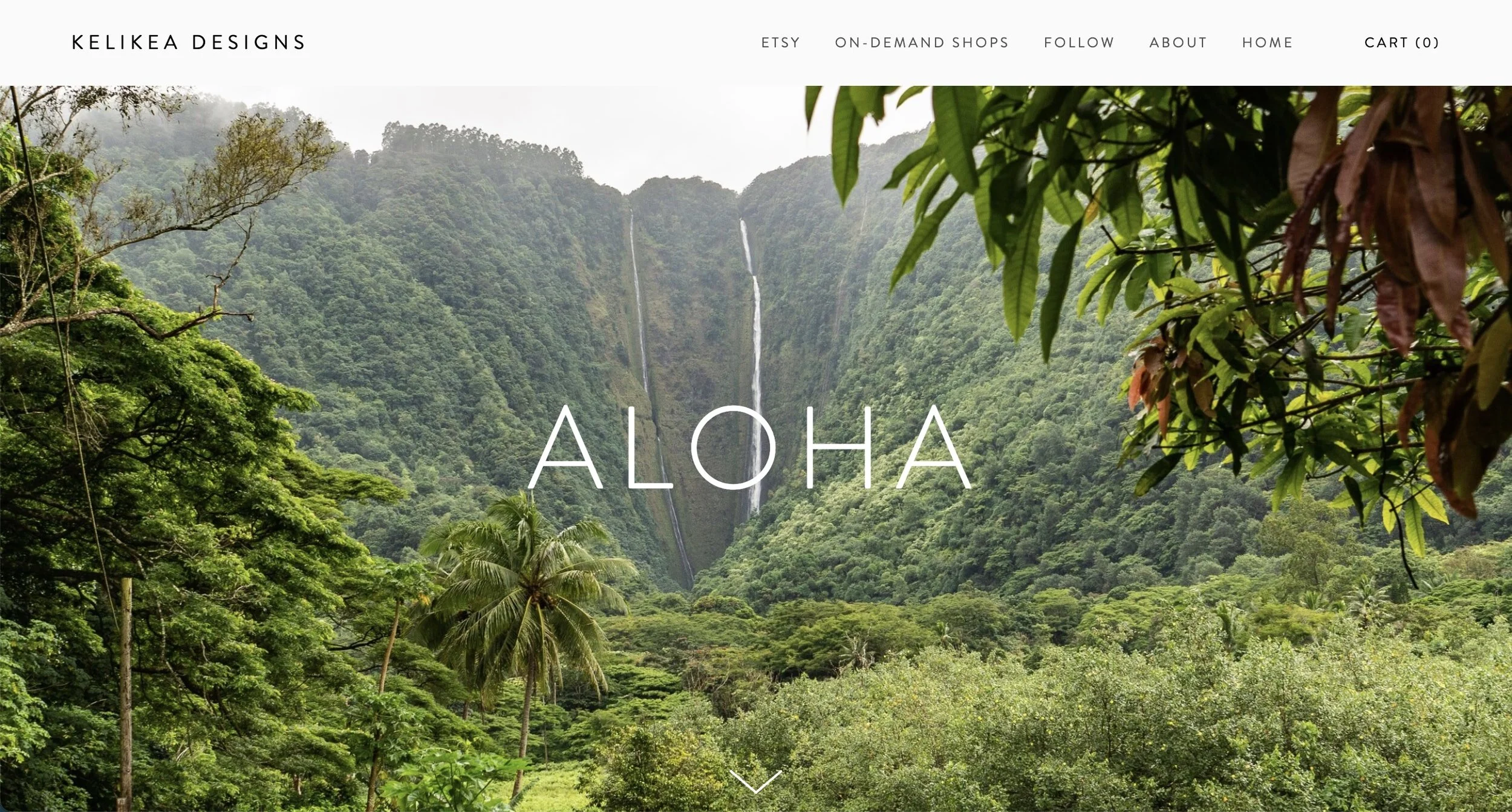 A web screenshot of a lush green tropical valley with waterfalls and mountains, with the word 'Aloha' overlaid.