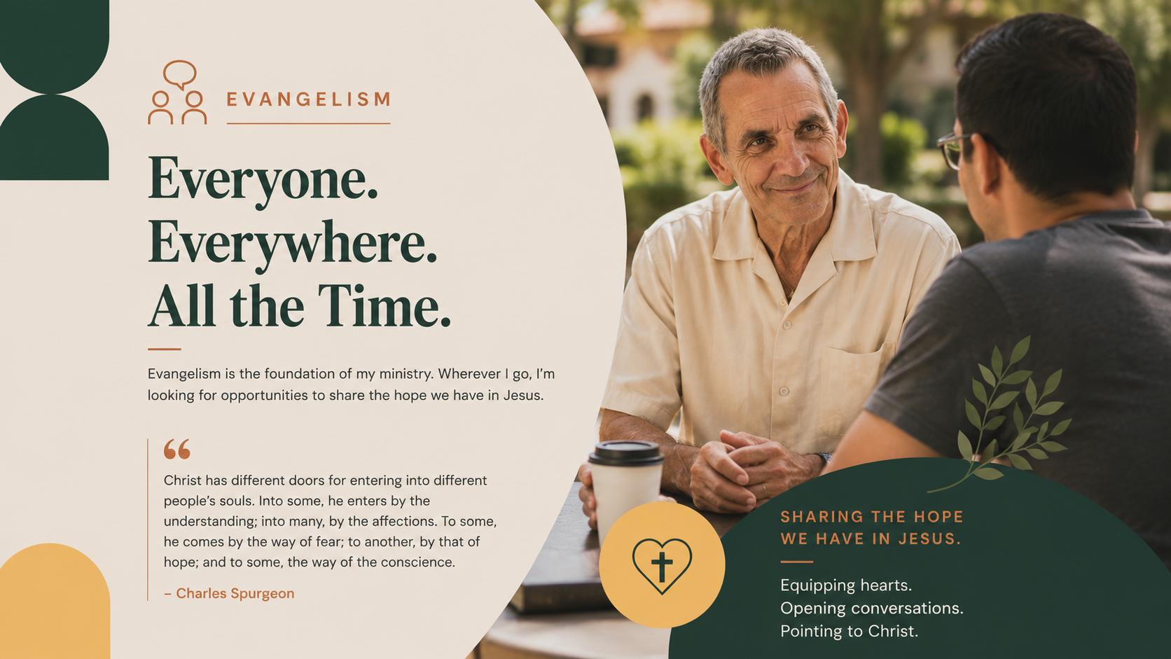 A church advertisement with the heading 'Everyone. Everywhere. All the Time.' showing two men talking outside. The design includes icons of people and a cross, with text about evangelism and sharing hope in Jesus.