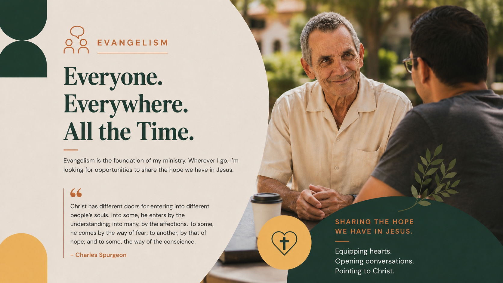 Flyer for Evangelism Training with sections outlining evangelism workshops and classes, including schedule details, a Bible, a notebook with notes saying Listen, Ask Questions, Share the Gospel, Trust God, a coffee mug with scripture, and a plant in the background.