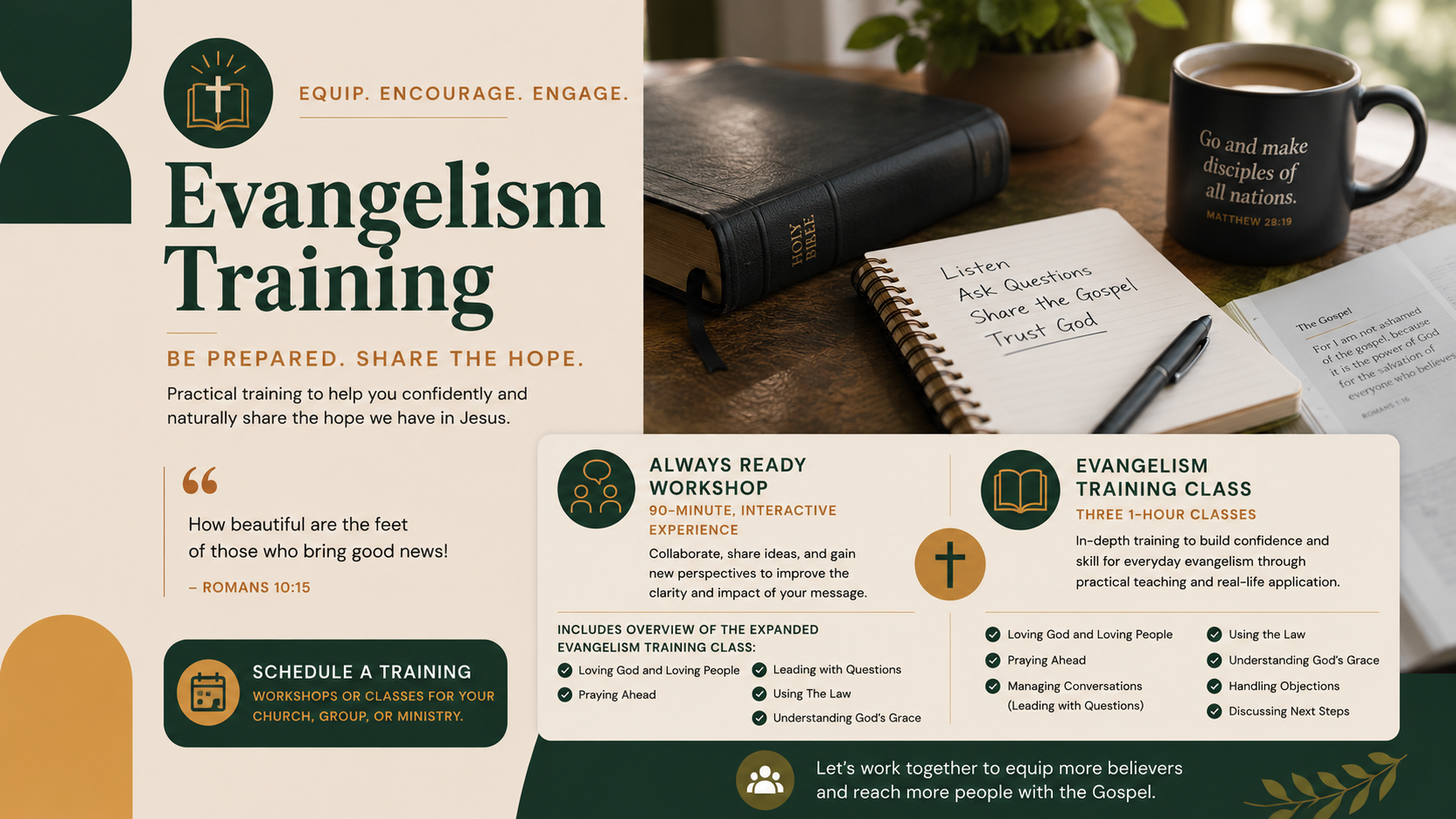 Flyer for Evangelism Training with sections outlining evangelism workshops and classes, including schedule details, a Bible, a notebook with notes saying Listen, Ask Questions, Share the Gospel, Trust God, a coffee mug with scripture, and a plant in the background.