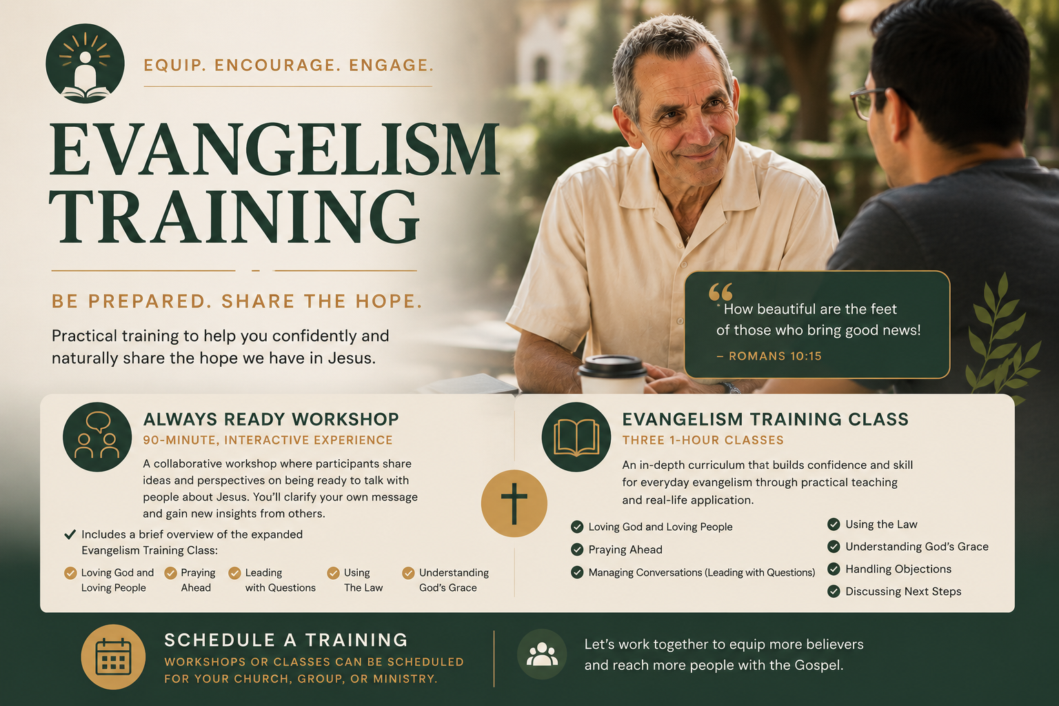 Flyer for evangelism training courses with a photo of two men talking outdoors, featuring a Bible verse, icons, and details about workshops and classes.