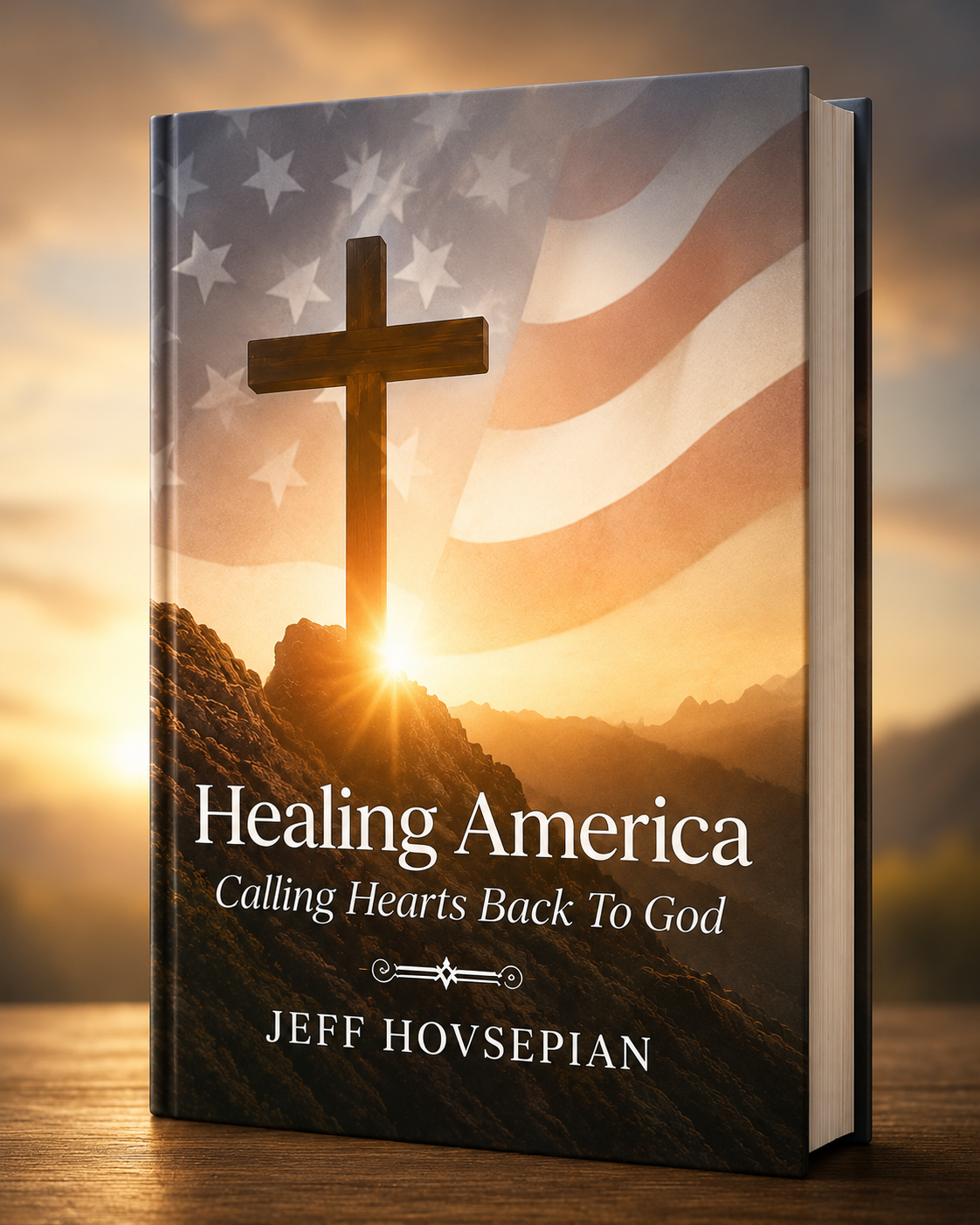 A book titled "Healing America: Calling Hearts Back To God" by Jeff Hovsepian with a cover showing a wooden cross on a mountain with the sun rising behind it, an American flag in the background, and a scenic mountain landscape at sunset.