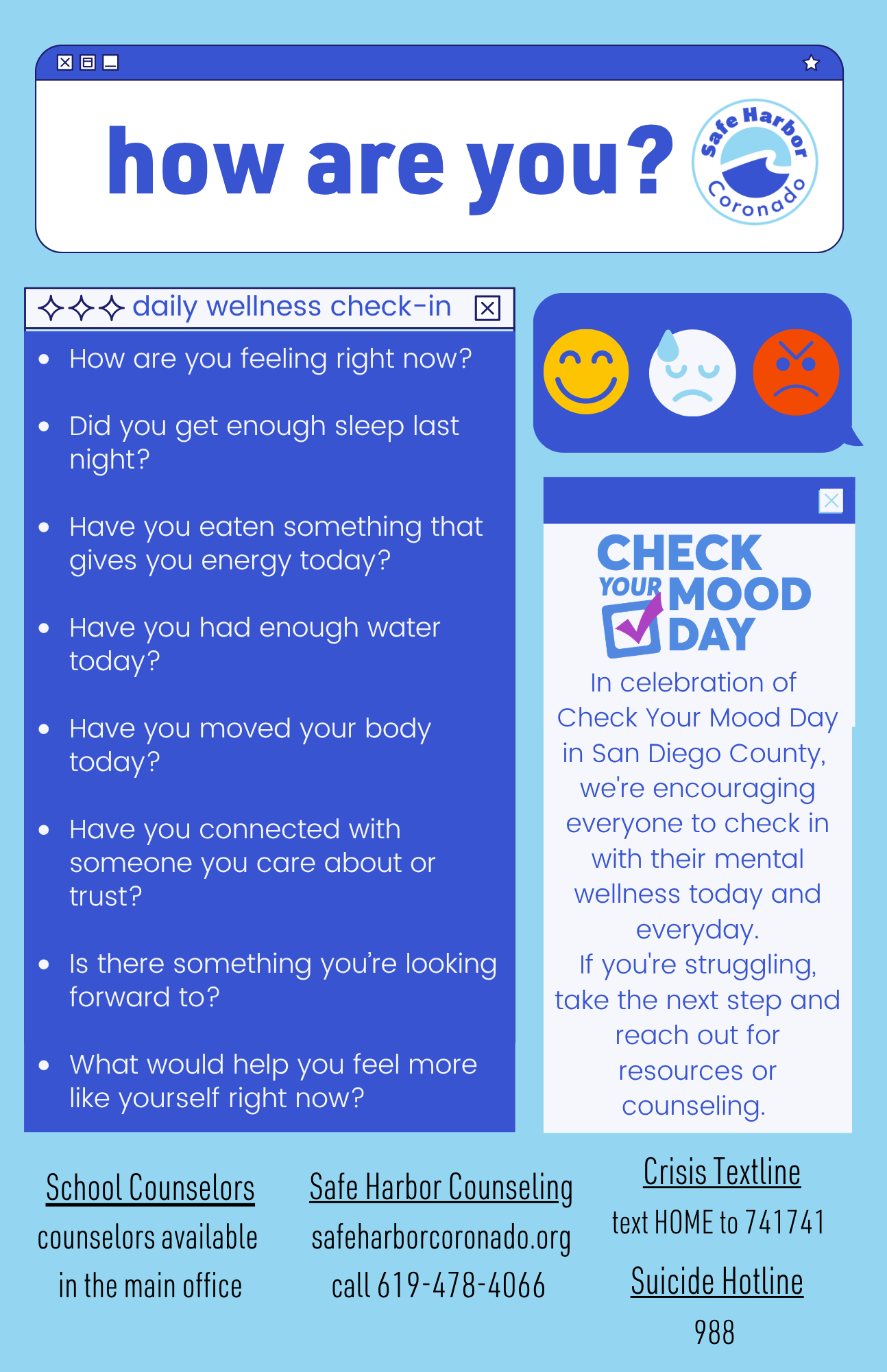 An online wellness check-in webpage titled 'how are you?' from Safe Harbor Coronado. It features questions about mood, sleep, diet, hydration, physical activity, trust, and future plans. The page promotes mental health resources, including school cou