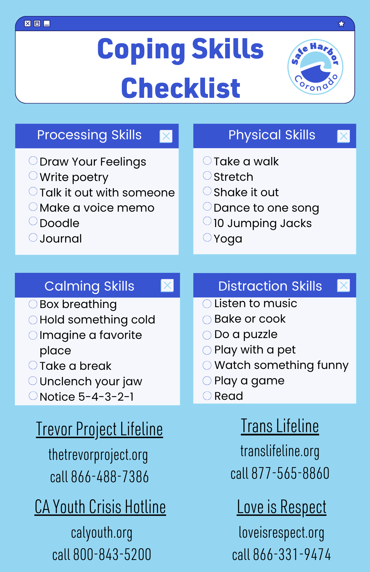 A webpage titled 'Coping Skills Checklist' listing different coping strategies categorized into Processing Skills, Physical Skills, Calming Skills, and Distraction Skills. Includes logos for Safe Harbor Coronado and contact information for Trevor Pro