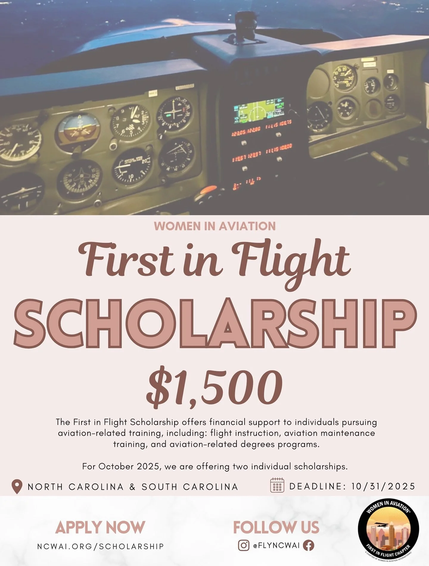 We are pleased to announce the First in Flight @womeninaviation chapter is offering not one, but two, flight training scholarships this fall. Applications are open starting today until the end of the month, 10/31. Check out the scholarships tab on ou
