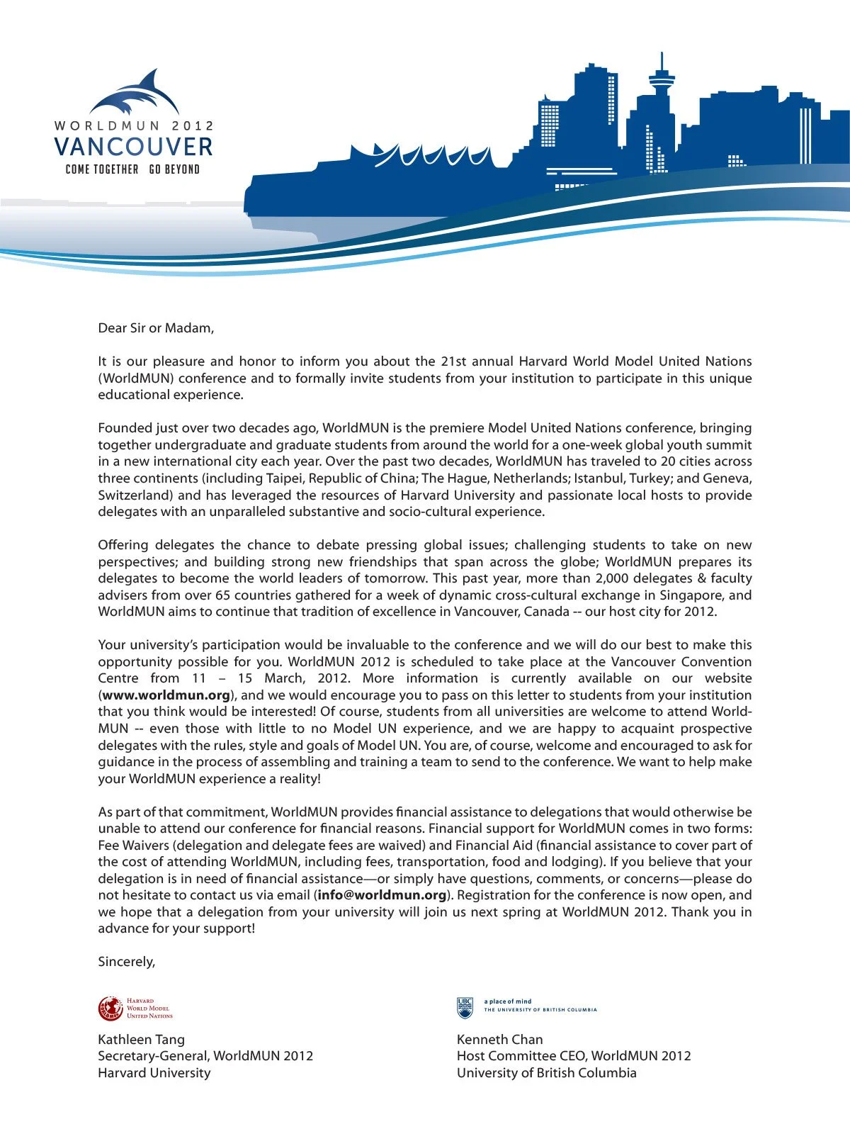 World Model United Nations Vancouver 2012 letterhead